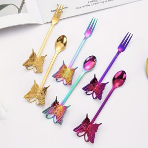 4pcs Creative Butterfly Stainless Steel Tableware Set Spoons And Forks, Mirror Polished Coffee Spoon, Tea Spoon, Dessert Spoon, Cake Fork, Fruit Fork, Suitable For Afternoon Tea, Office, Christmas, New Year, Valentine's Day Gifts