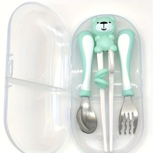 Modern Plastic Dinnerware Set with Novelty Bear Design - Includes Stainless Steel Fork, Spoon, and Chopsticks with Rectangle Storage Box