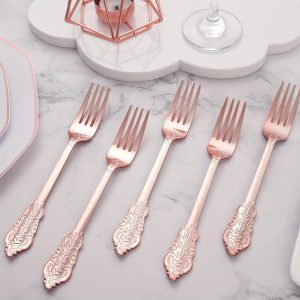 200PCS Rose Golden Heavy-Duty Disposable Dessert Forks - Sturdy 7.48 Inch Plastic Utensils for Parties, Weddings, Restaurants and Catering Events - Perfect for Serving Cakes, Pastries, Fruits and More