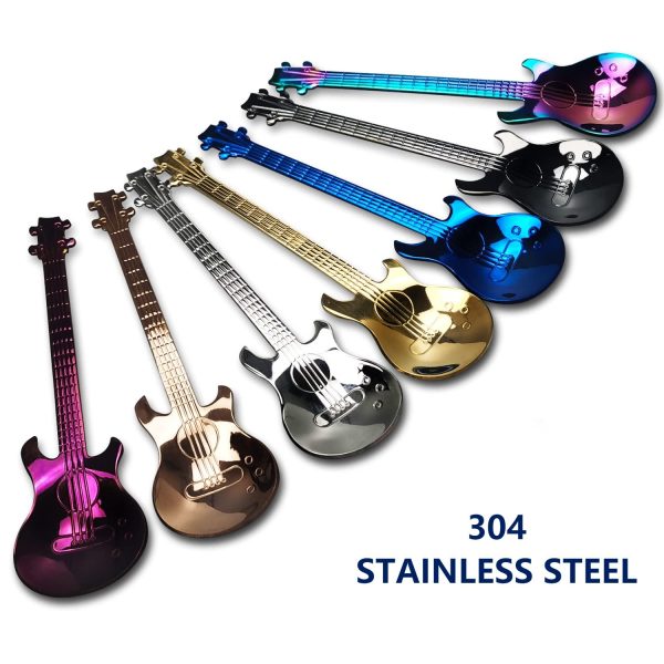 7pcs Super Cute 304 (18 F10) Stainless Steel Guitar-Shaped Spoons Set - Colorful, Durable, and Food-Grade Flatware for Coffee, Milk, Ice Cream, Candy, and Restaurants FCafe - Eid Al-Adha Mubarak Gift Idea