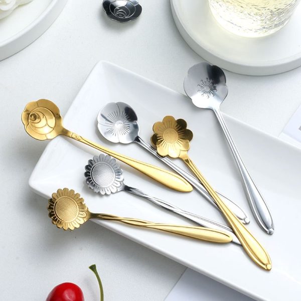 8pcs Flower Design Spoon Set - Stylish Stainless Steel Teaspoons & Dessert Spoons - Silvery Golden Finish for Coffee, Ice Cream & Restaurant Dining - Durable and Elegant