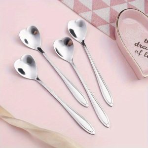 4pcs Heart-Shaped Stainless Steel Coffee Spoons - Polished, Creative Mixing Utensils for Valentines Day Party, Kitchen Essentials with Durable Construction and Easy-to-Clean Design - Perfect Holiday Gifts for Coffee Lovers