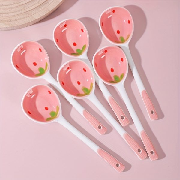 6pcs Adorable Strawberry Pattern Ceramic Spoon Set - Vibrant, Durable, and Easy-to-Clean Serving Utensils for Home, Dorm, Kitchen, and Dessert Shop - Perfect Kitchen Supplies and Flatware Set for Cooking, Baking, and Serving