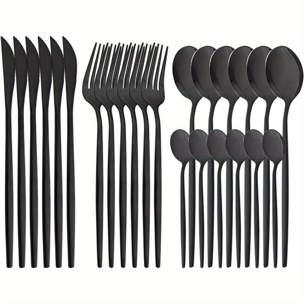 24-Piece Luxurious Mirror Black Polished Flatware Set - Durable 18 F0 Stainless Steel Dinnerware with Knife, Fork, Spoon, Teaspoon, and Cutlery - Perfect for Home, Restaurant, and Party Service for 6 People, Dishwasher Safe, Rust-Resistant, and Easy to Clean