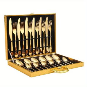 24-Piece Western Flatware Set - Durable Stainless Steel Knife, Fork, Spoon, Tea Spoon Set - Perfect for Home, Kitchen, Restaurant, Hotel - Generous Set in Premium Wooden Box with Craft Gift Box Packaging