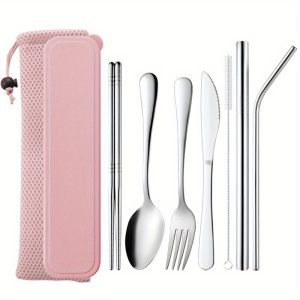 7pcs Stainless Steel Cutlery Set - Portable, Reusable Flatware for Camping & Picnics - Includes Forks, Spoons, Knives, Chopsticks, Straw, Cleaning Brush & Storage Bag