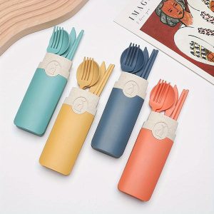 5pcs Fset Wheat Straw Portable Tableware Knife Fork Spoon Chopsticks Dinnerware Set With Storage Box, Cutlery For Travel And BBQ Party