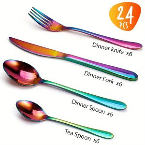 Matte Rainbow Flatware Set 24 Pieces, Stainless Steel Colorful Silverware Set, Titanium Plating Matte Rainbow Cutlery Set, Matte Rainbow Utensil Sets, Service Set for 6 (Matte Rainbow)