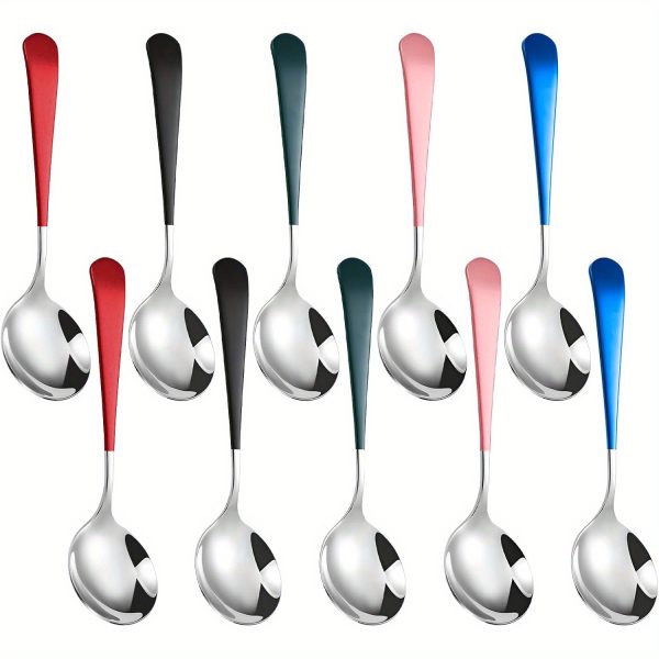 RETON 10Pcs Soup Spoons Stainless Steel, Colourful Round Head Spoons, Thick Short Handle Korean Metal Spoons, Sliver Dinner Spoons for Soup Grain Dessert Milk Tea Coffee Bouillon Dessert Cereal