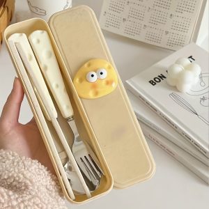 3pcs Stainless Steel Cheese-Themed Cutlery Set With Storage Box - Portable Spoon, Fork & Chopsticks For Students And Solo Dining