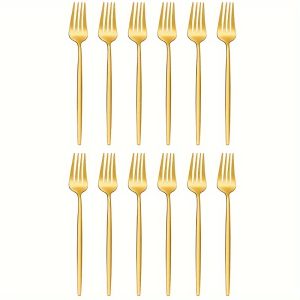 12pcs, Golden Dinner Forks, Stainless Steel Table Forks, Flatware Set, Elegant Cutlery Fork For Home, Party, Kitchen, Restaurant Salad Forks, Dishwasher Safe