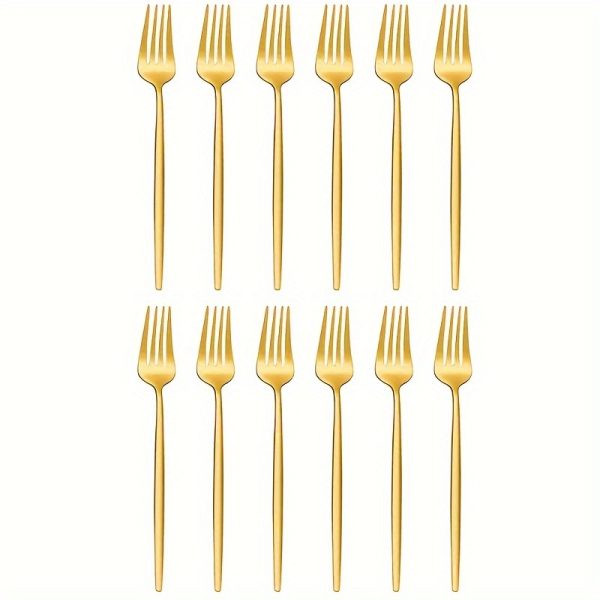 12pcs, Golden Dinner Forks, Stainless Steel Table Forks, Flatware Set, Elegant Cutlery Fork For Home, Party, Kitchen, Restaurant Salad Forks, Dishwasher Safe