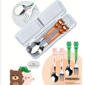 Cartoon Animal Friends Stainless Steel Cutlery Set - Portable Travel & Student Flatware Combo with Bear, Pig, and Frog Designs, 2-Piece Spoon and Fork Kit with Carrying Case