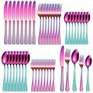 40-Piece Rainbow Stainless Steel Hammered Flatware Set - Durable, Easy-to-Clean, and Rust-Resistant Utensils for 8 - Includes Knife, Fork, and Spoon with Ergonomic Handles for Comfortable Grip