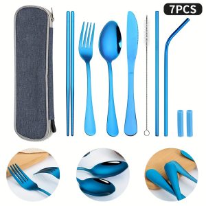 7pcs Stainless Steel Portable Cutlery Set With Waterproof Case - Includes Knife, Fork, Spoon, Straight & Curved Straws, Cleaning Brush - Perfect For Picnics, Hiking, Lunch Boxes, Workplace