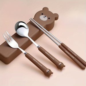 Cute Bear 304 Stainless Steel Portable Cutlery Set: Cartoon Spoon, Fork, Chopsticks - Perfect for On-The-Go Meals