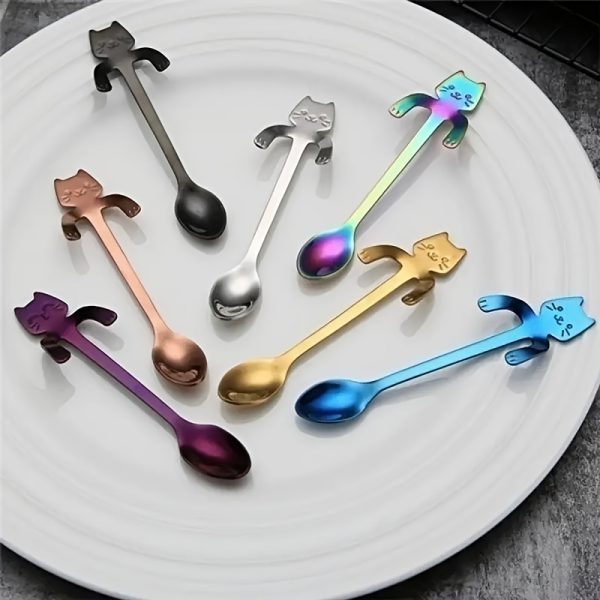 4pcs Creative 304 Stainless Steel Coffee Spoons, Japanese And Korean Cartoon Hangable Cup Stainless Steel Spoons, Cute Cat Stirring Spoons, Kitchen Restaurant Tools Eid Al-Adha Mubarak