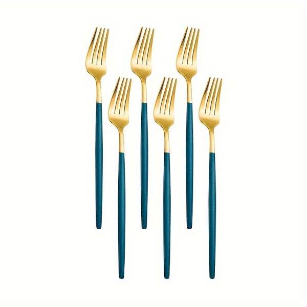 6-Piece Dessert Fork Set, 304 Stainless Steel, Eco-Friendly, Mirror Polished Golden Finish with Teal Handles