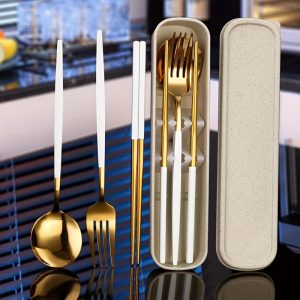 Stainless Steel Tableware Set, 3 F4 Counts Stainless Steel Spoon & Chopstick & Fork (and Optional Knife), Portable Cutlery Set with Storage Box, Father's Day Gift