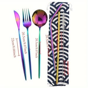 Stainless Steel Portable Cutlery Set for Travel & Camping - Includes Straw, Knife, Spoon, Fork, Cleaning Brush & Storage Bag