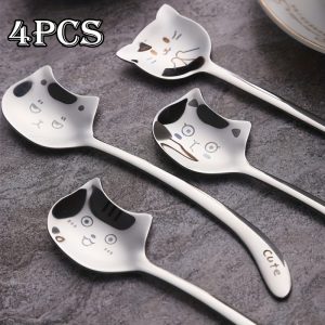 4PCS Whimsical Long Tail Cat Tea Spoons - Dessert Spoons with Long Handle, 304 Stainless Steel Tableware, Unique Birthday Gift, Durable and Easy to Clean