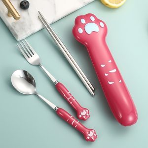 4pcs Cute Cat Paw Stainless Steel Cutlery Set With Storage Box - Portable Fork, Spoon, Knife & Chopsticks For Office, Camping, Picnics & Lunchbox