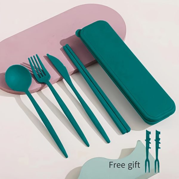 4Pcs Portable Travel Utensil Set - Reusable, Compact, Space-Saving Tableware with Cutlery, Coffee Spoon, Salad Fork, Steak Knife, Meal Chopsticks, Dessert Spoon, and Storage Box for School, Picnics, Parties, Outdoor Dining, Camping, and On-The-Go Adventures