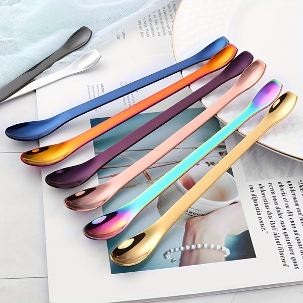 1pc, Double-Headed Deluxe Spoon - 304 Stainless Steel, Golden Rose, Golden Black, Purple, Blue, Rainbow Colors, Non-Toxic, Durable, Easy to Clean, Versatile Coffee, Dessert, Medicine Spoon for Home Kitchen Use, Tableware Essentials