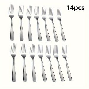 A 14pcs stainless steel dinner fork set, pasta fork, thick and durable, with mirrored luster and smooth edges - perfect for home, wedding or entertainment use