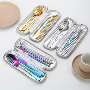 7pcs Stainless Steel Travel Utensil Set - Reusable Camping Cutlery with Knife, Fork, Spoon, Straight & Curved Straws, Cleaning Brush, Portable Bag & Sleeve - Perfect for Outdoor, Picnic, Workplace, School