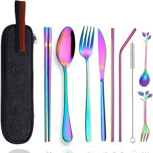 9-Piece Reusable Stainless Steel Travel Cutlery Set - Durable, Dishwasher Safe, Portable with Lunch Box - Perfect for Workplace, Camping, School, Outdoor Adventures