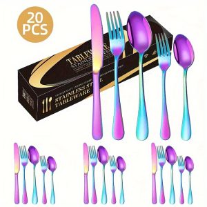 20-Piece Rainbow Stainless Steel Tableware Set - Durable, Mirror Polished, Reusable, Dishwasher Safe, and Colorful - Complete with 4-Piece Setting for Knives, Forks, and Spoons