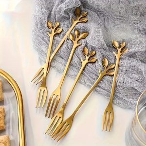 Elegant 20pcs Stainless Steel Leaf Dessert Fork Set - Perfect for Cake, Fruit & Appetizers | Ideal for Home, Weddings, Parties | Kitchen Essentials in Golden or Silvery