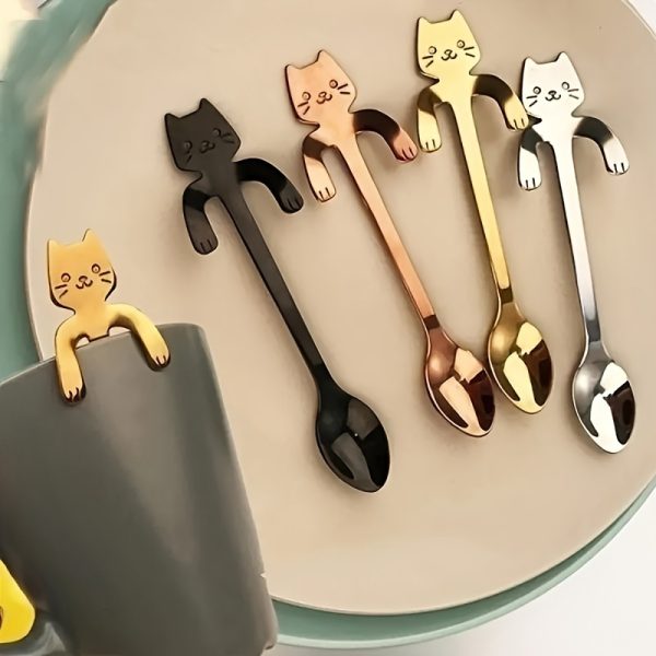 4pcs Set of Adorable Mini Cat Stainless Steel Spoons - Perfect for Tea, Coffee, Desserts & Ice Cream