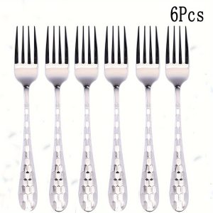 6pcs European Style High Grade Stainless Steel Cutlery Set, Characteristic Honeycomb Style Fork, Kitchen Steak Fork, Fruit Fork, Mirror Polished, Easy To Clean And Suitable For Dishwasher, For Home Hotel Restaurant, Flatware Set