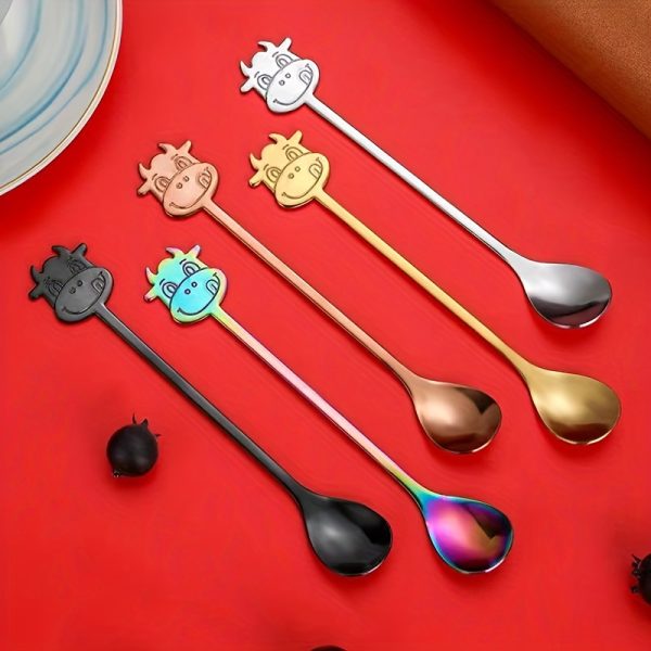 1pc F5pcs, Coffee Spoon, Creative Stainless Steel Bull Head Pattern Spoon, Coffee Stirring Teaspoons Tea Dessert Spoon For Kitchen, Magic Color Spoon, Coffee Accessories