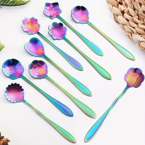 9-Piece Stainless Steel Teaspoon Set - Elegant Flower-Shaped Coffee and Dessert Spoons with Small Size for Tableware, Kitchen, and Ice Cream Decoration - Durable, Rust-Resistant, and Easy to Clean