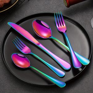 42 F56pcs Rainbow Stainless Steel Flatware Set, Include Fork Knife Spoon Set And Stainless Steel Straw, Mirror Polished And Dishwasher Safe, Suitable For Family Party, Friend Picnics, Hotel Restaurants, Perfect Gifts For Friends And Elders