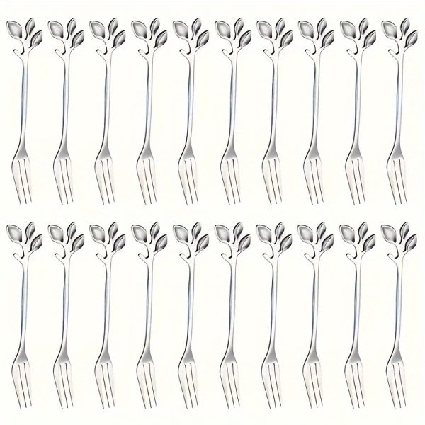 20-Piece Stainless Steel Dessert Forks Set, Creative Leaf Design, Mini Fruit Forks for Home Party Restaurant Use, Dishwasher Safe