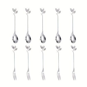 10pcs Leaf Spoon Creative Fruit Fork European Style Golden Leaf Spoon Small Coffee Spoon Stirring Spoon Dessert Spoon Gift