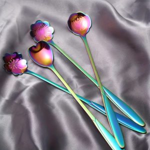 4-Piece Rainbow Stainless Steel Flower Spoons ?C Long Handle Coffee & Dessert Stirrers, Elegant Tableware Set