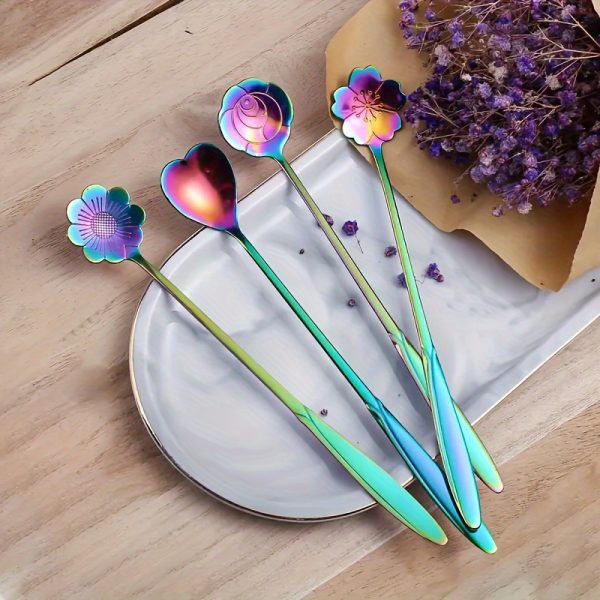 4pcs Large Rainbow Flowers Shaped Stainless Steel Coffee Scoops - Long Handle Stirring Spoons for Easy Measuring and Mixing - Perfect Tableware for Coffee, Dessert, and Restaurant Use, Eid Al-Adha Mubarak Gift Idea