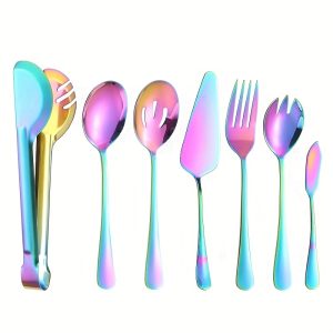 7-Piece Stainless Steel Tableware Set - Premium Quality, Versatile Utensils for Dining, Entertaining & Everyday Use - Includes Spork, Fruit Fork, Slotted Spoon, Soup Spoon, Salad Tongs, Cooking Shovel, Cake Knife - Perfect for Hotel & Restaurant Supplies, Kitchen Tools