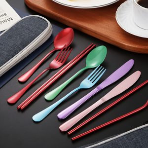 8pcs Stainless Steel Travel Utensil Set - Portable Cutlery Kit with Knife, Fork, Spoon, Chopsticks, Cleaning Brush, Straws & Carry Case for Camping, Hiking & Outdoor Adventures