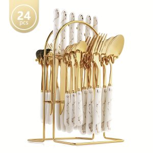 EVHOOE 1 Set Premium Flatware Gift Box With 24pcs Luxury Ceramic Stainless Steel Black Gold Patchwork Fork Spoon Dinner Knife, Suitable For Home, Restaurant, Office, Etc., Also A Great Gift For Friends And Family.