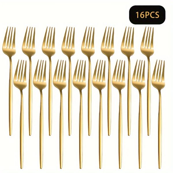 8 F16pcs Mirror Polished Golden Cutlery Set, Stainless Steel 8.5 Inch Fork Silverware Set, Dessert Fork, Dinner Fork, Salad Fork, Suitable For Home, Kitchen Or Restaurant, Dishwasher Safe, Tableware Accessories